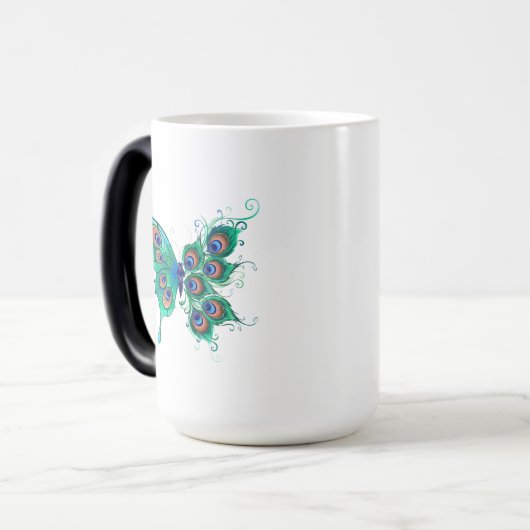 Butterfly met Green Peacock Feathers Magische Mok (Voorkant links)