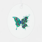 Butterfly met Green Peacock Feathers Metalen Ornament (Achterkant)