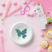 Butterfly met Green Peacock Feathers Papieren Kommen (Feest)