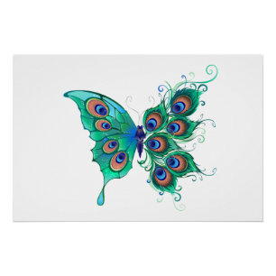 Butterfly met Green Peacock Feathers Perfect Poster