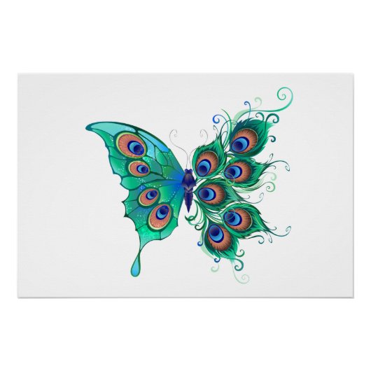 Butterfly met Green Peacock Feathers Perfect Poster (Voorkant)