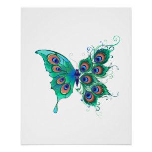 Butterfly met Green Peacock Feathers Perfect Poster