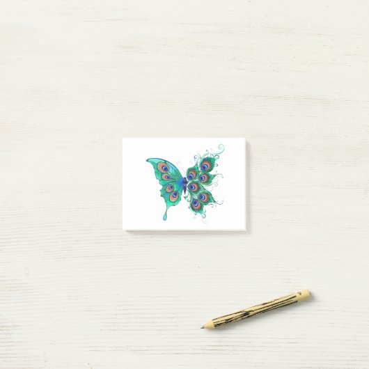 Butterfly met Green Peacock Feathers Post-it® Notes (Op bureau)
