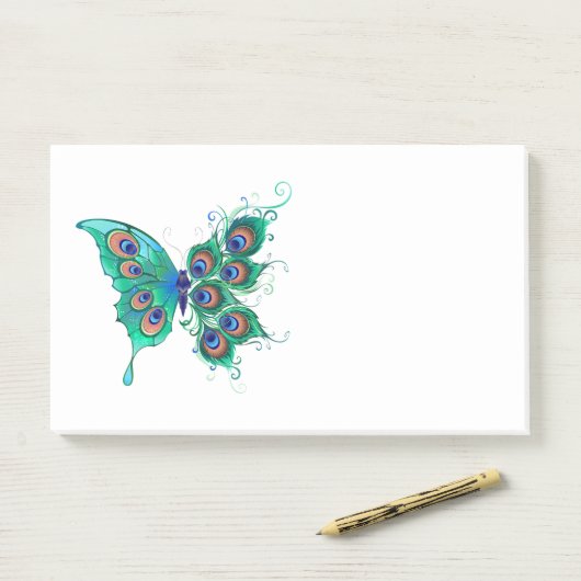 Butterfly met Green Peacock Feathers Post-it® Notes (Op bureau)