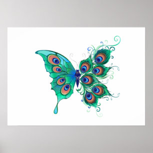 Butterfly met Green Peacock Feathers Poster