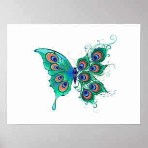 Butterfly met Green Peacock Feathers Poster