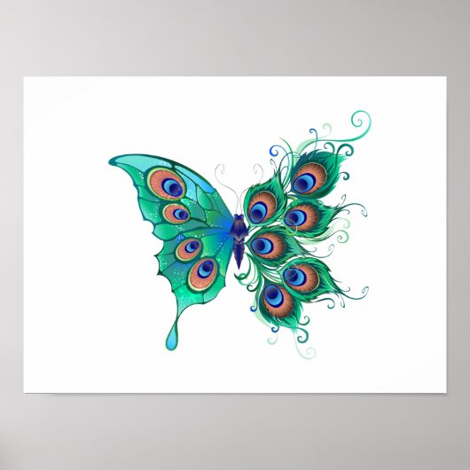 Butterfly met Green Peacock Feathers Poster (Voorkant)