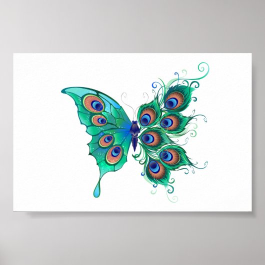 Butterfly met Green Peacock Feathers Poster (Voorkant)