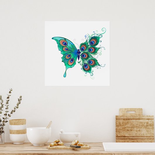Butterfly met Green Peacock Feathers Poster (Keuken)
