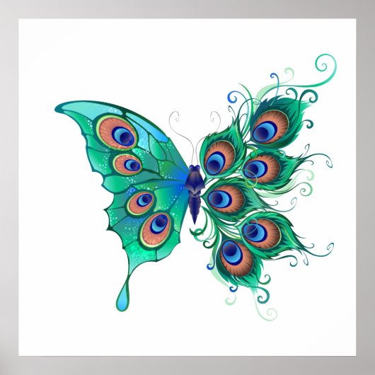 Butterfly met Green Peacock Feathers Poster (Voorkant)