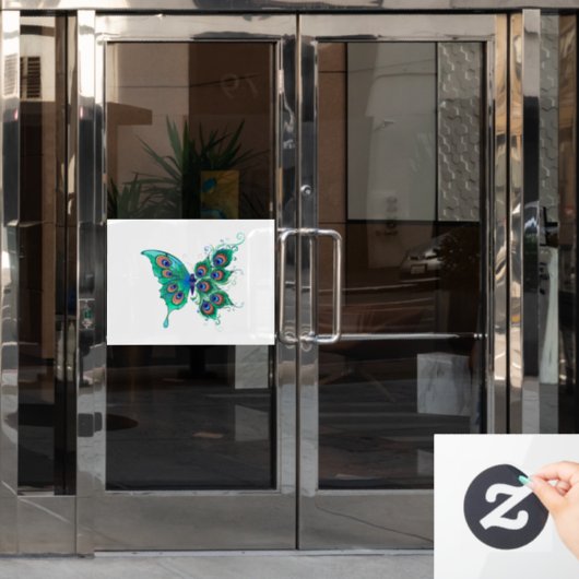 Butterfly met Green Peacock Feathers Raamsticker (Kantoordeur)