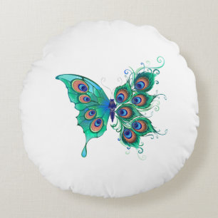 Butterfly met Green Peacock Feathers Rond Kussen