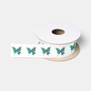 Butterfly met Green Peacock Feathers Satijnen Lint