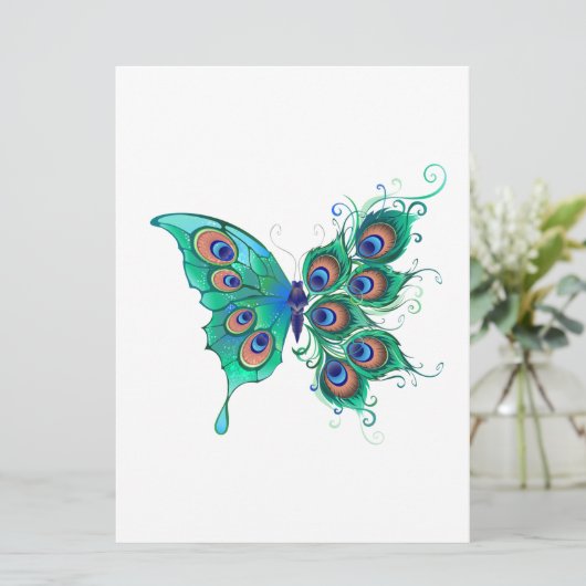 Butterfly met Green Peacock Feathers Save The Date (Staand voorkant)