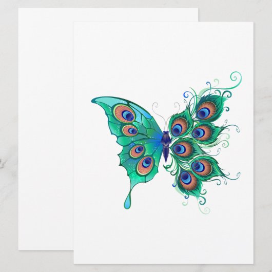Butterfly met Green Peacock Feathers Save The Date (Voorkant / Achterkant)