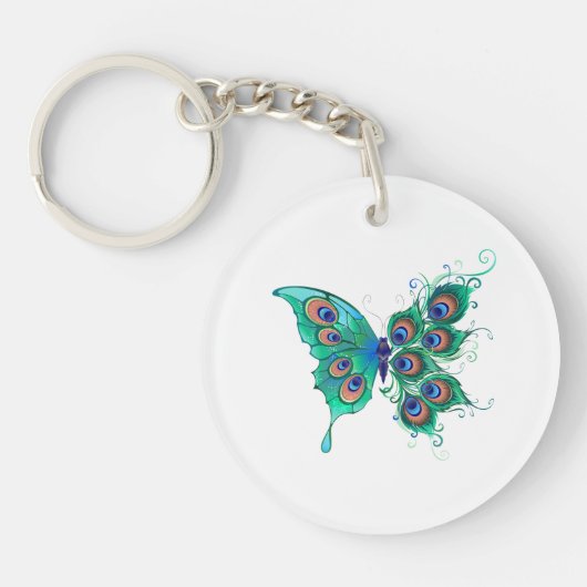 Butterfly met Green Peacock Feathers Sleutelhanger (Voorkant)