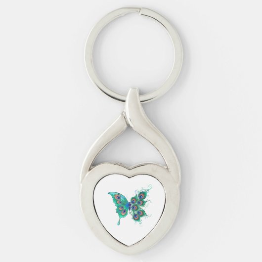 Butterfly met Green Peacock Feathers Sleutelhanger (Voorkant)