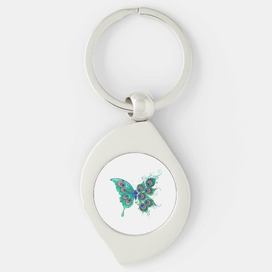 Butterfly met Green Peacock Feathers Sleutelhanger (Voorkant)