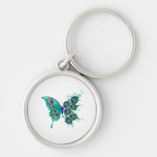 Butterfly met Green Peacock Feathers Sleutelhanger (Voorkant)