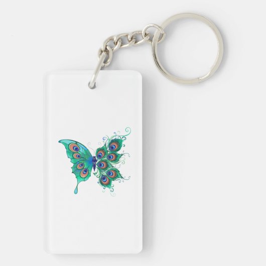 Butterfly met Green Peacock Feathers Sleutelhanger (achterkant)