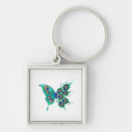 Butterfly met Green Peacock Feathers Sleutelhanger (Voorkant)