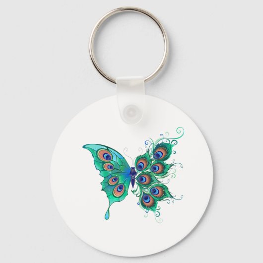 Butterfly met Green Peacock Feathers Sleutelhanger (Voorkant)