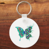 Butterfly met Green Peacock Feathers Sleutelhanger (Voorkant)