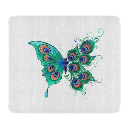 Butterfly met Green Peacock Feathers Snijplank (Voorkant)