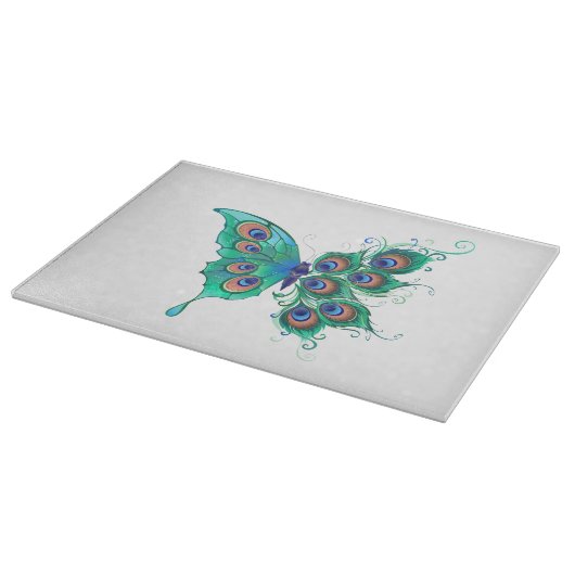 Butterfly met Green Peacock Feathers Snijplank (Hoek)