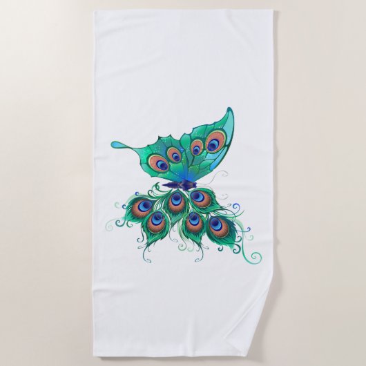 Butterfly met Green Peacock Feathers Strandlaken (Voorkant)