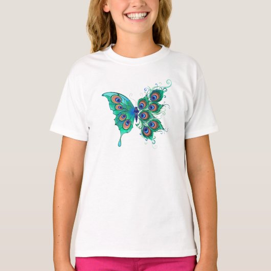 Butterfly met Green Peacock Feathers T-shirt (Voorkant)