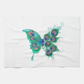 Butterfly met Green Peacock Feathers Theedoek (Horizontaal)