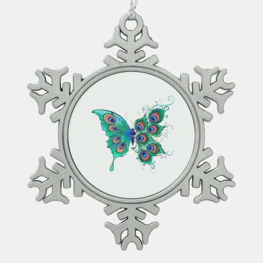 Butterfly met Green Peacock Feathers Tin Sneeuwvlok Ornament (Voorkant)