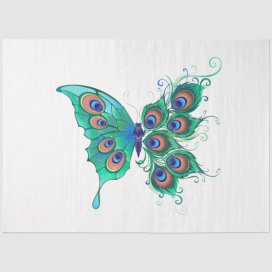 Butterfly met Green Peacock Feathers Tissuepapier (Voorkant)