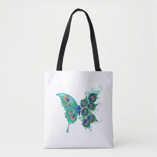 Butterfly met Green Peacock Feathers Tote Bag (Voorkant)