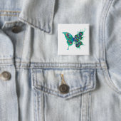 Butterfly met Green Peacock Feathers Vierkante Button 5,1 Cm (In situ)