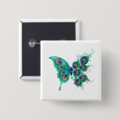 Butterfly met Green Peacock Feathers Vierkante Button 5,1 Cm (Voorkant /achterkant)
