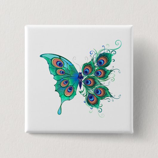 Butterfly met Green Peacock Feathers Vierkante Button 5,1 Cm (Voorkant)