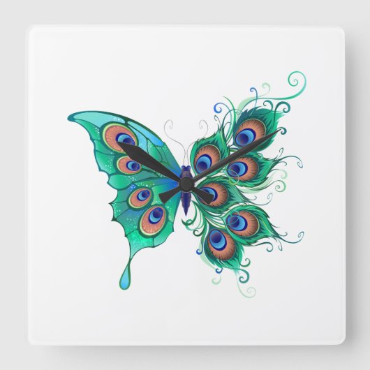 Butterfly met Green Peacock Feathers Vierkante Klok (Voorkant)