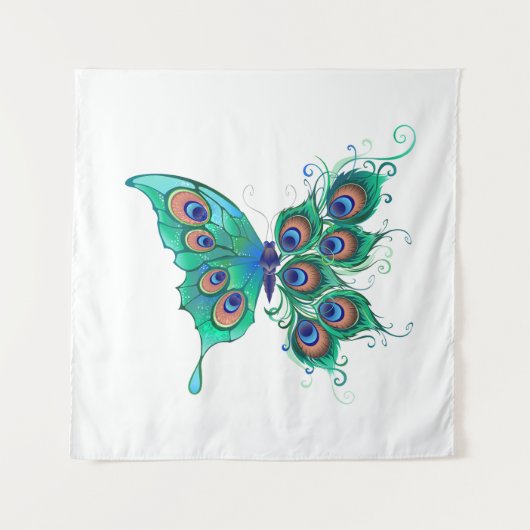 Butterfly met Green Peacock Feathers Wandkleed (Voorkant)