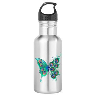 Butterfly met Green Peacock Feathers Waterfles