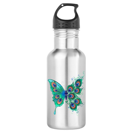 Butterfly met Green Peacock Feathers Waterfles (Voorkant)