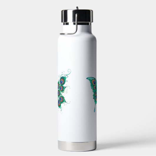 Butterfly met Green Peacock Feathers Waterfles (Rechts)