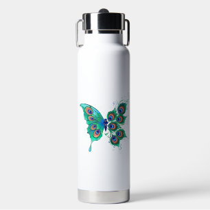 Butterfly met Green Peacock Feathers Waterfles
