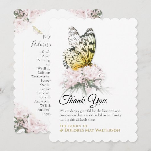 Butterfly met roze flauwsympathie Hartelijk dank Kaart (Voorkant / Achterkant)