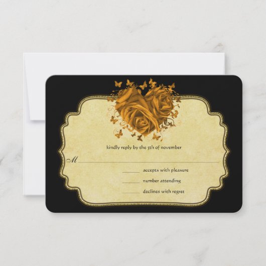 Butterfly Metallic Gold Heart Gold Faux Parchment RSVP Kaartje (Voorkant)