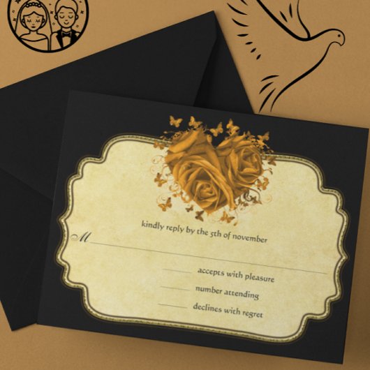 Butterfly Metallic Gold Heart Gold Faux Parchment RSVP Kaartje