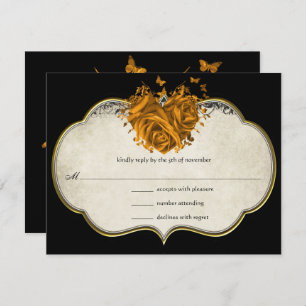 Butterfly Metallic Gold Heart Tan Faux Parchment RSVP Kaartje