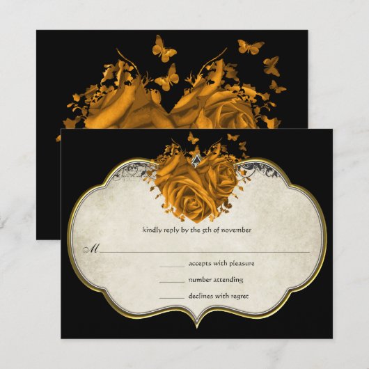 Butterfly Metallic Gold Heart Tan Faux Parchment RSVP Kaartje (Voorkant / Achterkant)