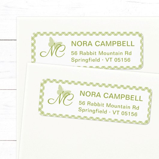 Butterfly Monogram Green Gingham Retouradres Etiket